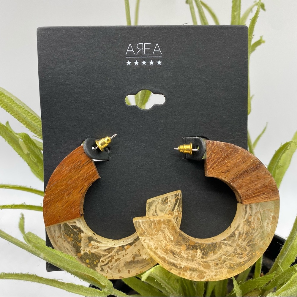 AREA Resin Wood Post Hoop Earrings NEW